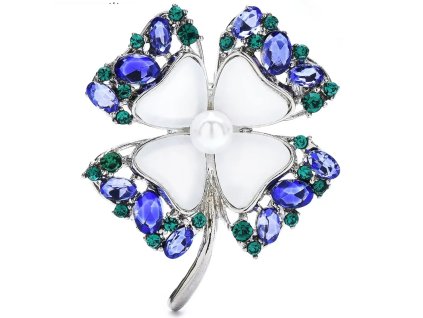 Brož Čtyřlístek s modrými a zelenými krystaly a perlou
