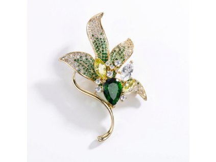 Brož Magnolia s broušenými krystaly – zelená