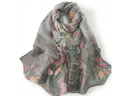 Květinový šátek z kvalitního žoržetu – šedý