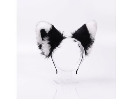 Černo-bílá plyšová čelenka do vlasů – kočičí uši