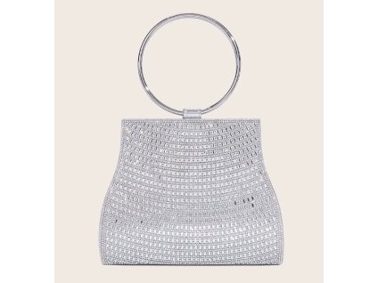 Stříbrná večerní třpytivá kabelka s krystaly a kruhovým uchem