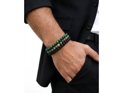 Pánský náramek z přírodních kamenů – 3 ks korálků Onyx, Malachit a Amazonit