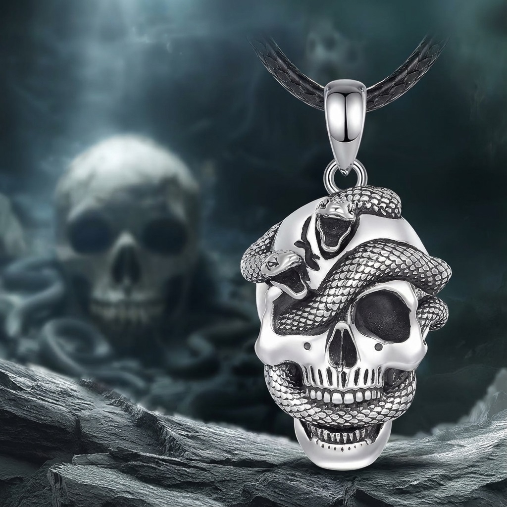 Náhrdelník s lebkou a hadom - Striebro 925