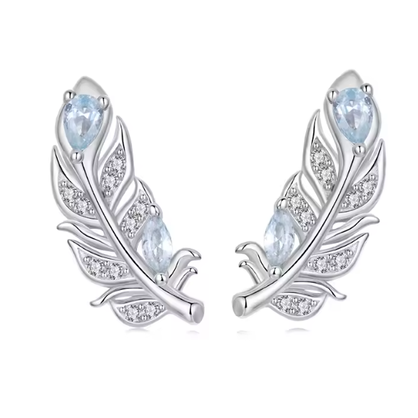 Strieborné pierkové náušnice s modrým zirkónom - Striebro 925