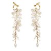 Zlaté klipsové náušnice s dlouhými střapci, umělými perlami a krystaly