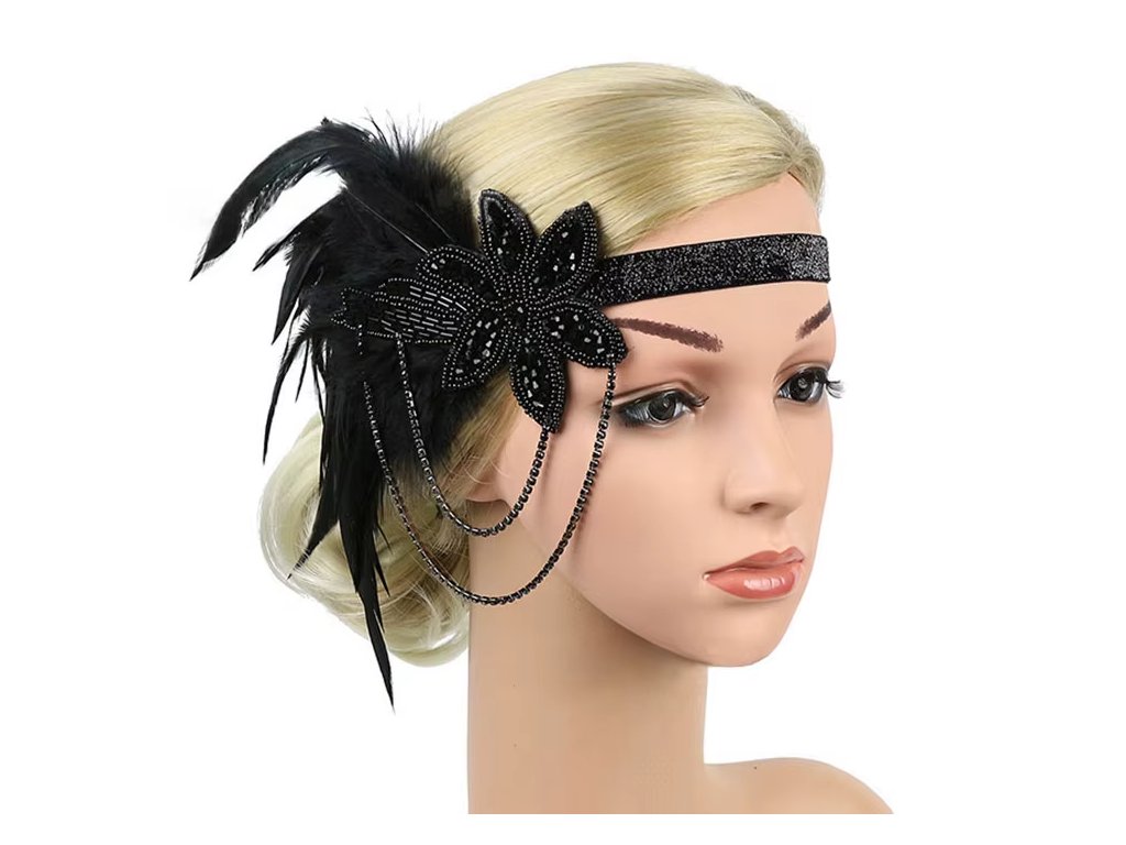 Vintage elegantní černá čelenka do vlasů s květinovou ozdobou a dvěma řetízky