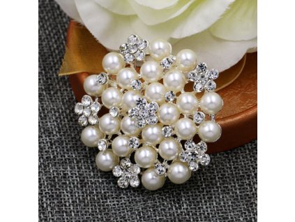 Luxusní brož KVĚT s kamínky a perlami - stříbrná