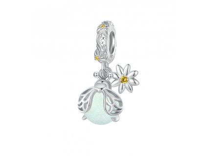 Korálek Světluška se svítícím kamenem a květinou - Stříbro 925