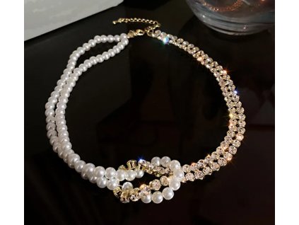 Dvouvrstvý proplétaný choker náhrdelník s perlami - pozlacený