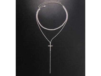 Dámský dvojitý choker náhrdelník s křížkem - postříbřený