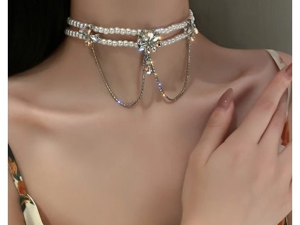 Perlový dvouvrstvý choker náhrdelník s květy a střapci