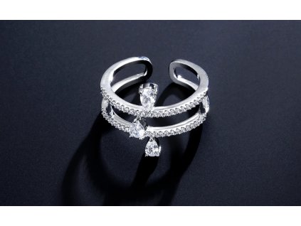 Dámský nastavitelný prsten s třemi zirkonovými kapkami - bílé pozlacení