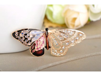 Brož Motýl s krystaly - zlatá/ barevná