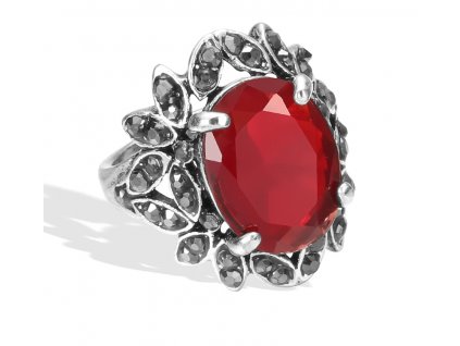 Dámský retro prsten s červeným krystalem