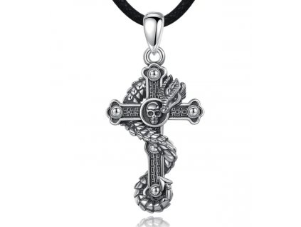 Gothic náhrdelník Kříž s drakem a lebkou - Stříbro 925