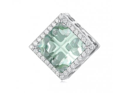 Čtvercový korálek se zeleným krystalem a čtyřlístkem - Stříbro 925