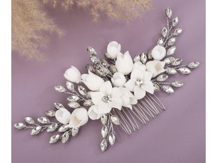 Hřeben do vlasů s bílými keramickými květy a krystalovými listy