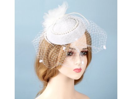 Dámský fascinátor klobouček s perličkami a závojem - bílý