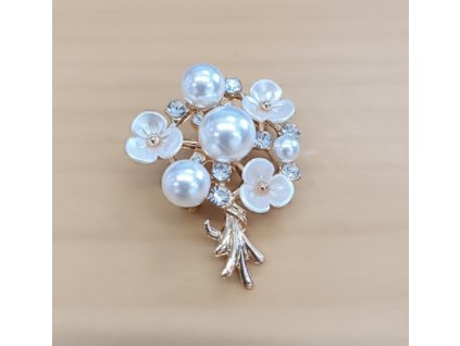 Pozlacená brož Kytice s bílými perlami a květy