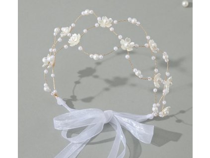 Čelenka do vlasů s bílými květy a perlami - zlatá/ bílá