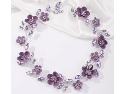 Ozdoba do vlasů s fialovými květy a krystaly