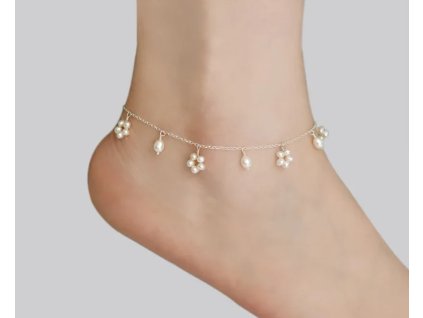 Řetízek na nohu s přírodními sladkovodními perlami Flower - Stříbro 925