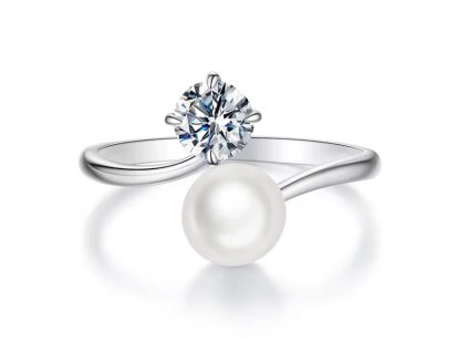 Otevřený prsten se sladkovodní perlou a Moissanitem 0,5ct – Stříbro 925