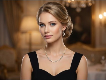 Komplet šperků ve zlaté barvě s čirými kamínky - náhrdelník a náušnice