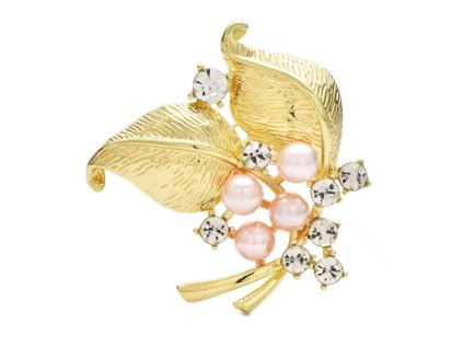 Pozlacená brož ve tvaru dvou listů s perlami a krystaly