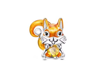 Postříbřený korálek na náramek ve tvaru zlaté veverky se srdíčkovým krystalem