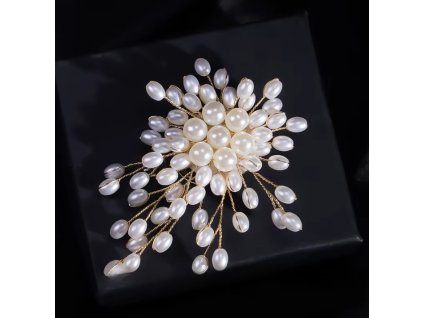Brož ve tvaru perlového květu se zlatými větvičkami