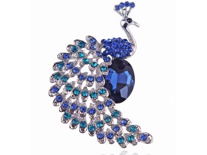 Postříbřená brož ve tvaru páva s modrými krystaly