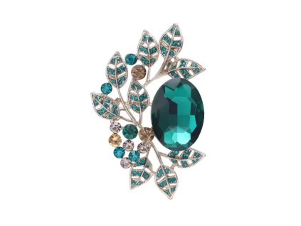 Postříbřená brož s velkým zeleným krystalem a větvičkovými lístky