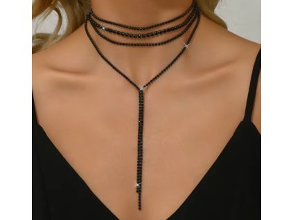 Černý čtyřvrstvý choker náhrdelník s krystaly a střapci