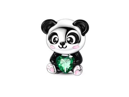 Postříbřený korálek ve tvaru pandy se zeleným zirkonovým srdcem