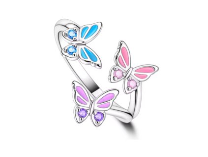 Postříbřený otevřený prsten s barevnými motýly