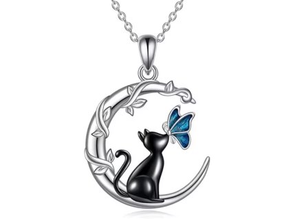 Postříbřený náhrdelník s půlměsícem a černou kočkou