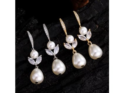 Dámské visací náušnice s perlami a zirkonovými lístky