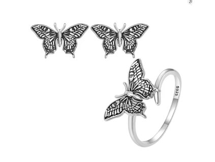 Výrazná stříbrná sada s motýlem – náušnice a nastavitelný prsten 925