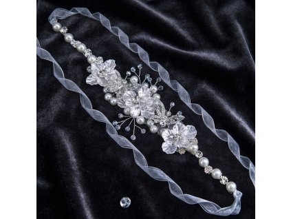 Jemný svatební pásek s perlovými květy – White organza