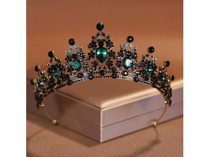 Výrazná korunka s černo-zelenými krystaly pro slavnostní účesy