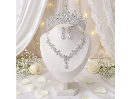 Elegantní svatební sada s korunkou a krystaly ve stříbrném tónu