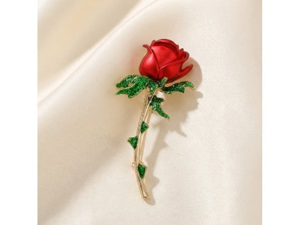 Designová brož s rudou růží a třpytivými krystaly
