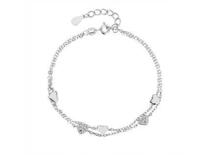 Stříbrný náramek s motivem srdíček a bílými zirkony – dvojitý anker