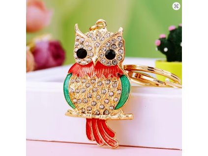 Designová zlatá klíčenka Sova s krystaly a barevným smaltem