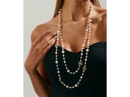 Elegantní zlatá sada dvou náhrdelníků s perlami a mašlí – stylový dámský set