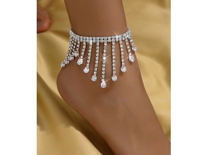 Stříbrný střapcový řetízek na nohu s krystaly