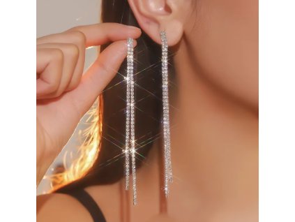 Dlouhé postříbřené náušnice s krystaly a dvojitými střapci