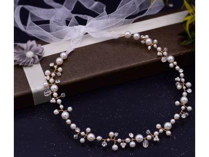 Elegantní ručně vyrobený zlatý opasek s krystaly a perličkami