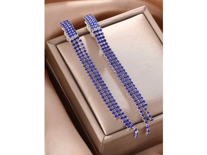 Elegantní dlouhé klipsové náušnice s krystaly – stříbrné, modré krystaly